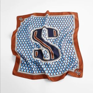 NWOT. Zara Limited Edition Brown/Blue 100% Silk Initial "S" Print Scarf.